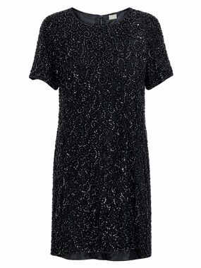Niteline Vintage Black Silk Beaded Sequin Cocktail Dress Short Sleeve Shift